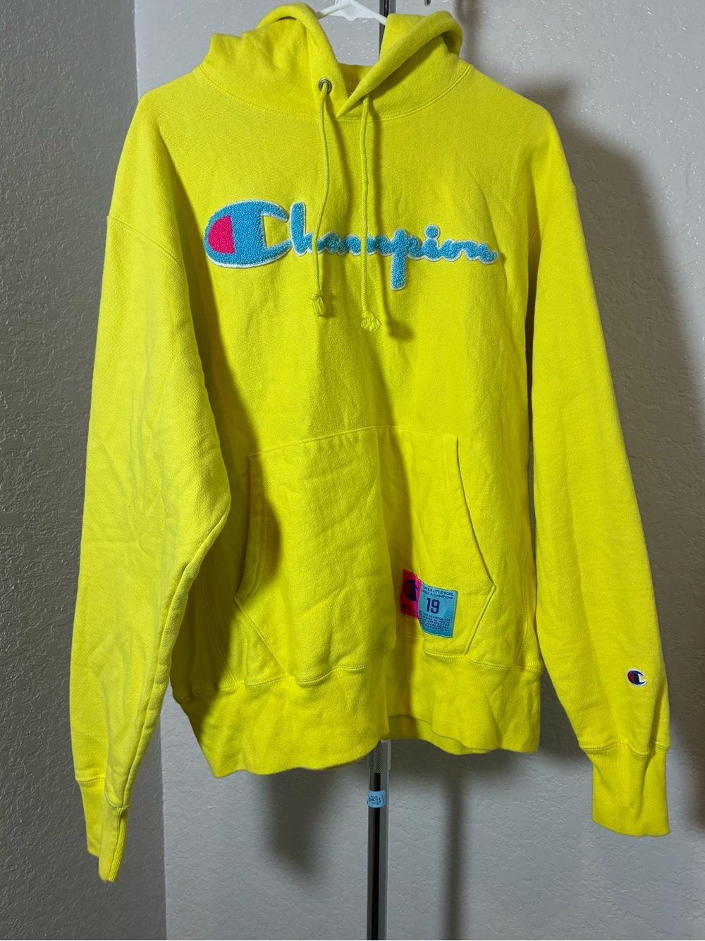 Champion Reverse Thread Men’s Crewneck Hoodie - Neon Yellow w/ Blue Logo Size L